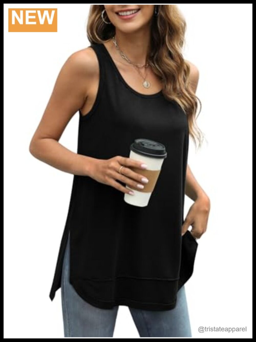 WIHOLL Loose Fit Tank Top Women Scoop Neck Sleeveless Side Split Summer Shirt